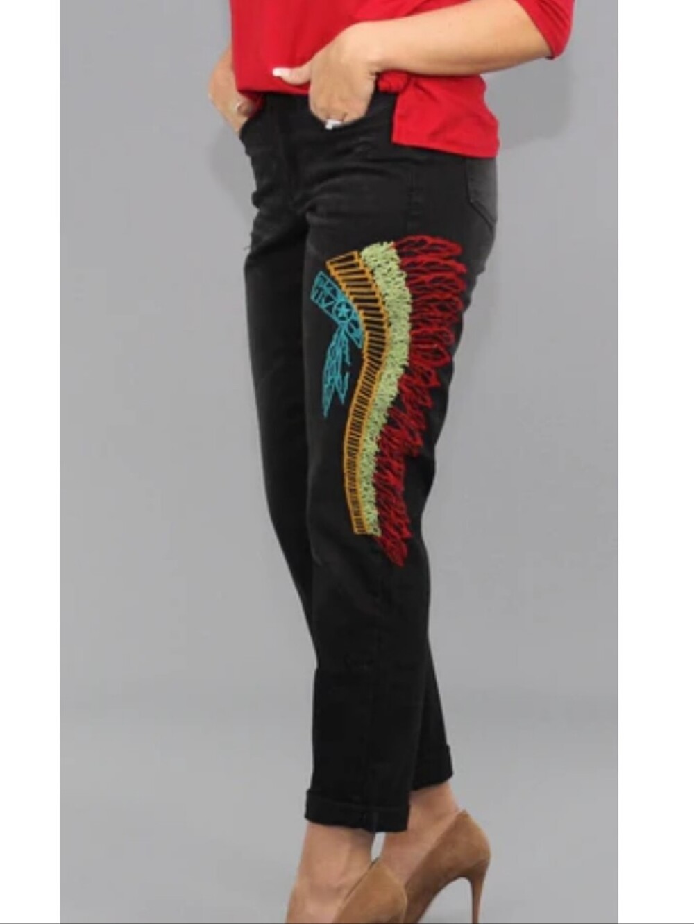 L&B Black Jeans with Colorful Native American Head Dress Western Embroidery Sz 6